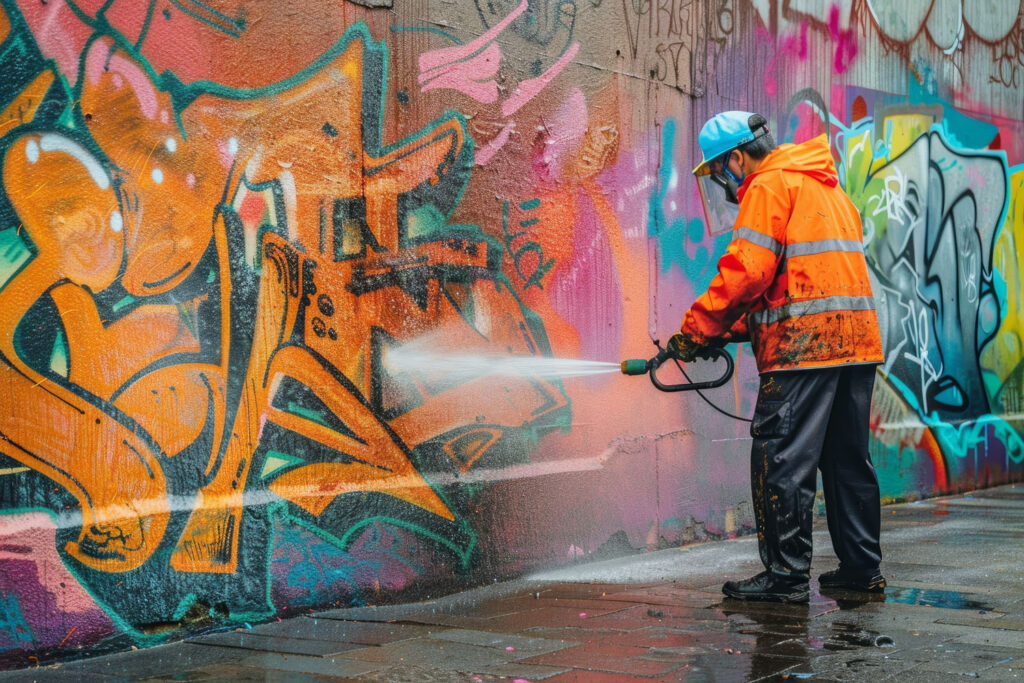 Worker in high visibility jacket using a pressure washer to clean graffiti from an urban wall